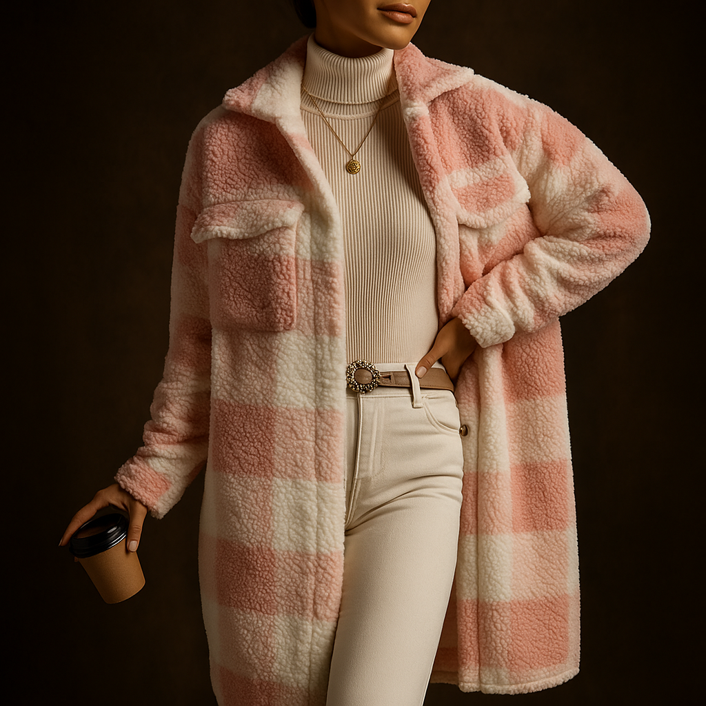 Charlotte Women’s Fleece Overcoat – Soft Checkerboard Winter Jacket for Layering