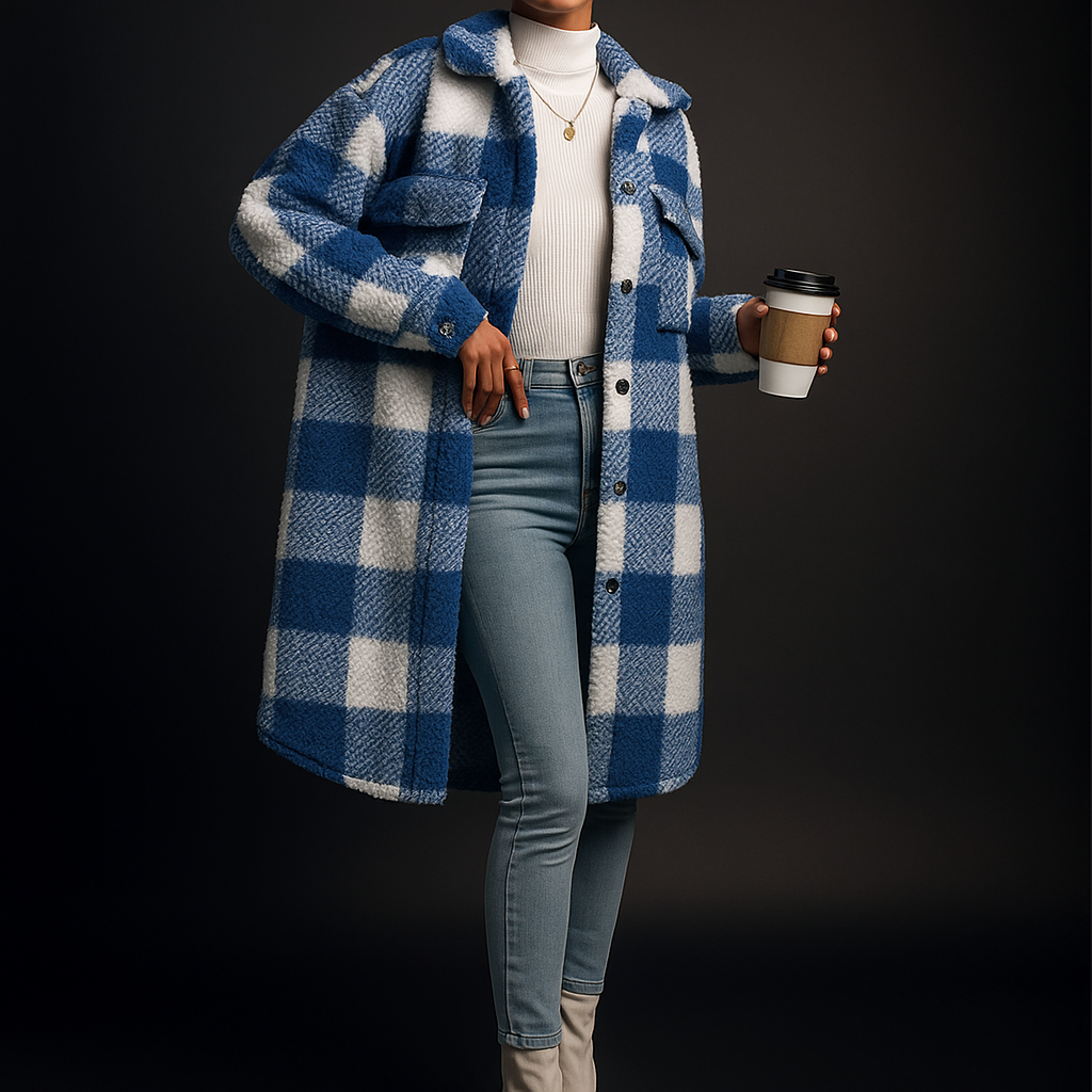Charlotte Women’s Fleece Overcoat – Soft Checkerboard Winter Jacket for Layering