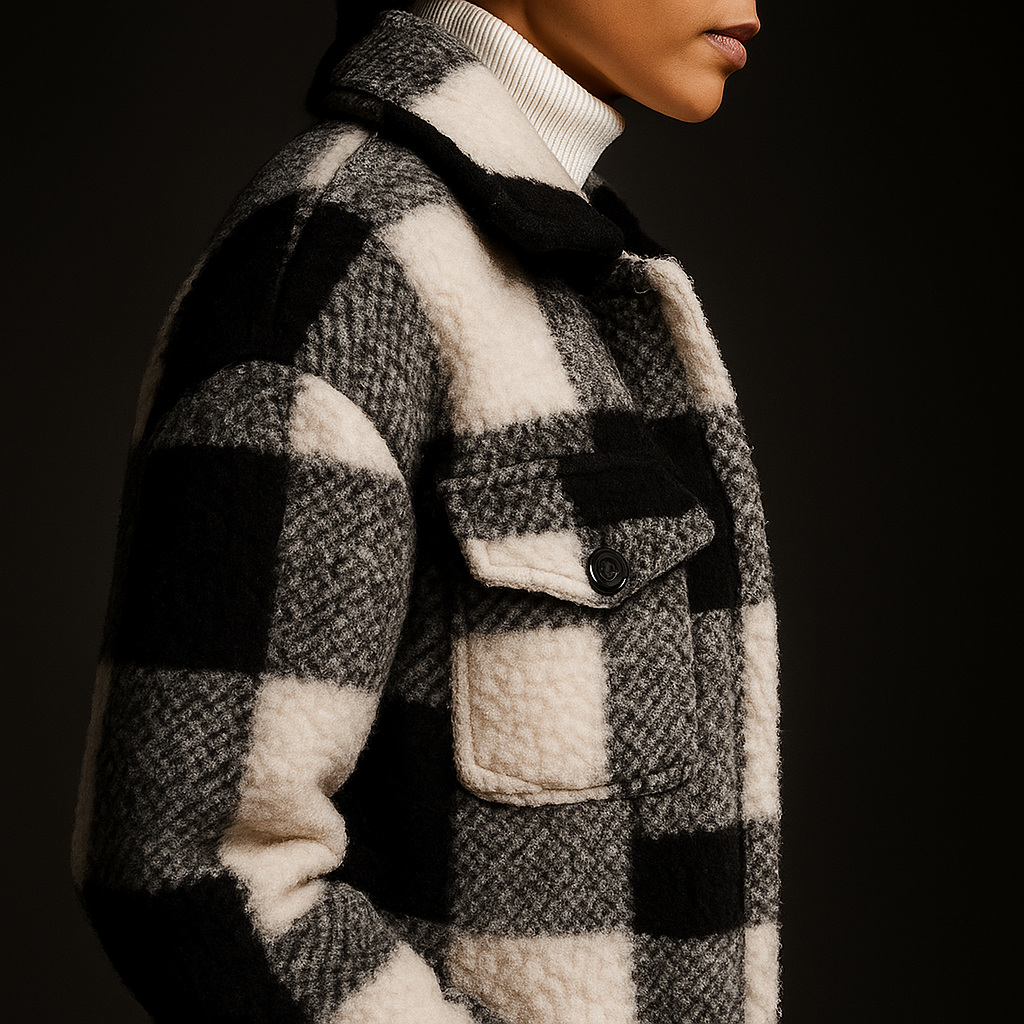 Charlotte Women’s Fleece Overcoat – Soft Checkerboard Winter Jacket for Layering