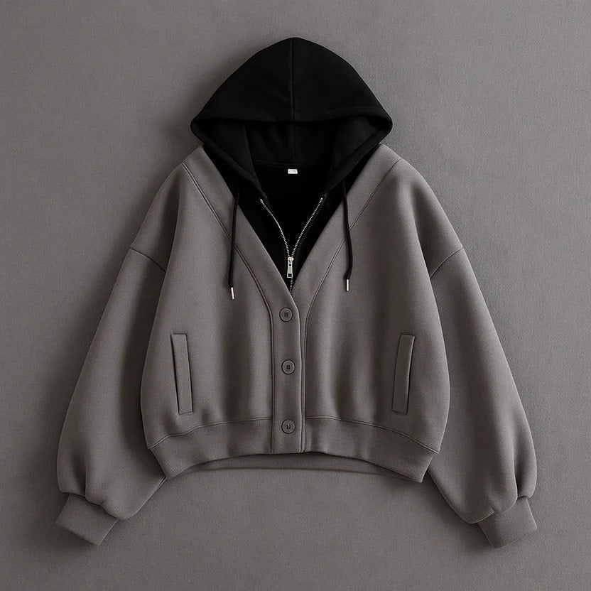 Marissa Women’s Cropped Cardigan – Puff Sleeve Zip-Up Knitted Hooded Cardigan