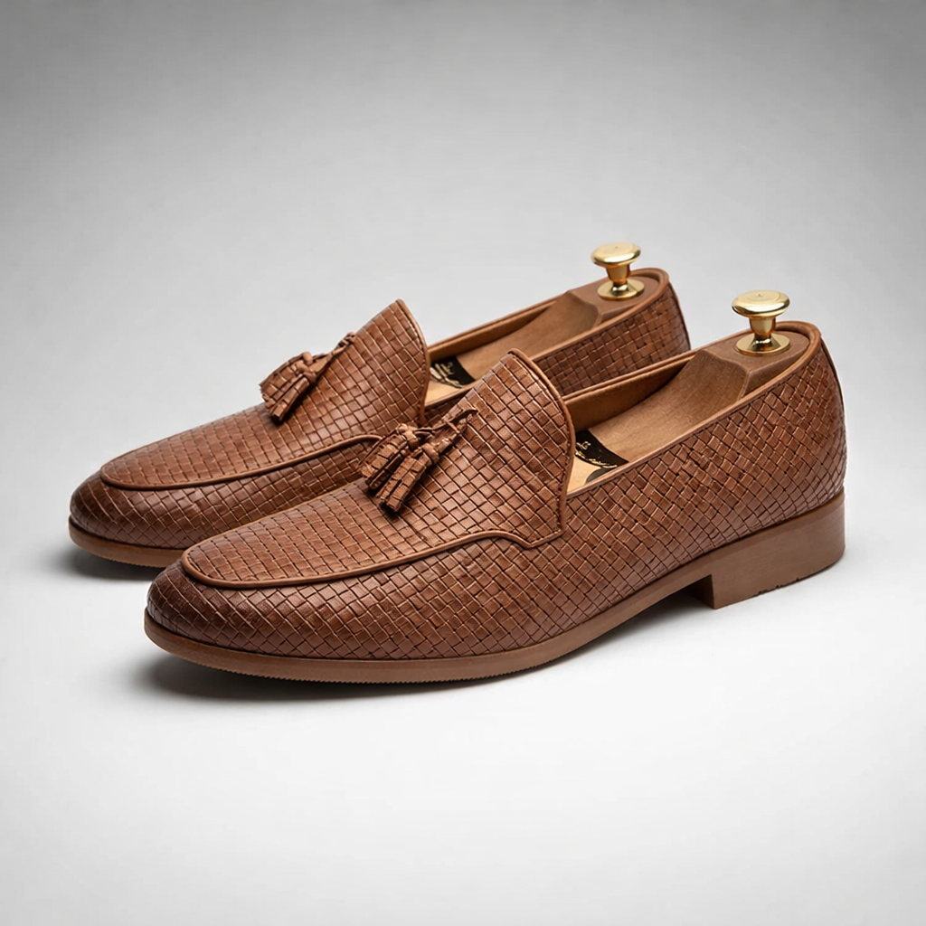 Alessio Men’s Leather Loafers – Woven Finish Slip-On with Tassel Dress Shoes