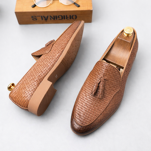 Alessio Men’s Leather Loafers – Woven Finish Slip-On Dress Shoes