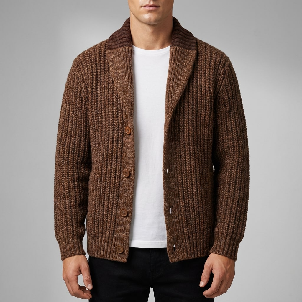 Marcus Men’s Cardigan – Chunky Knit Button-Up Shawl Collar Cardigan