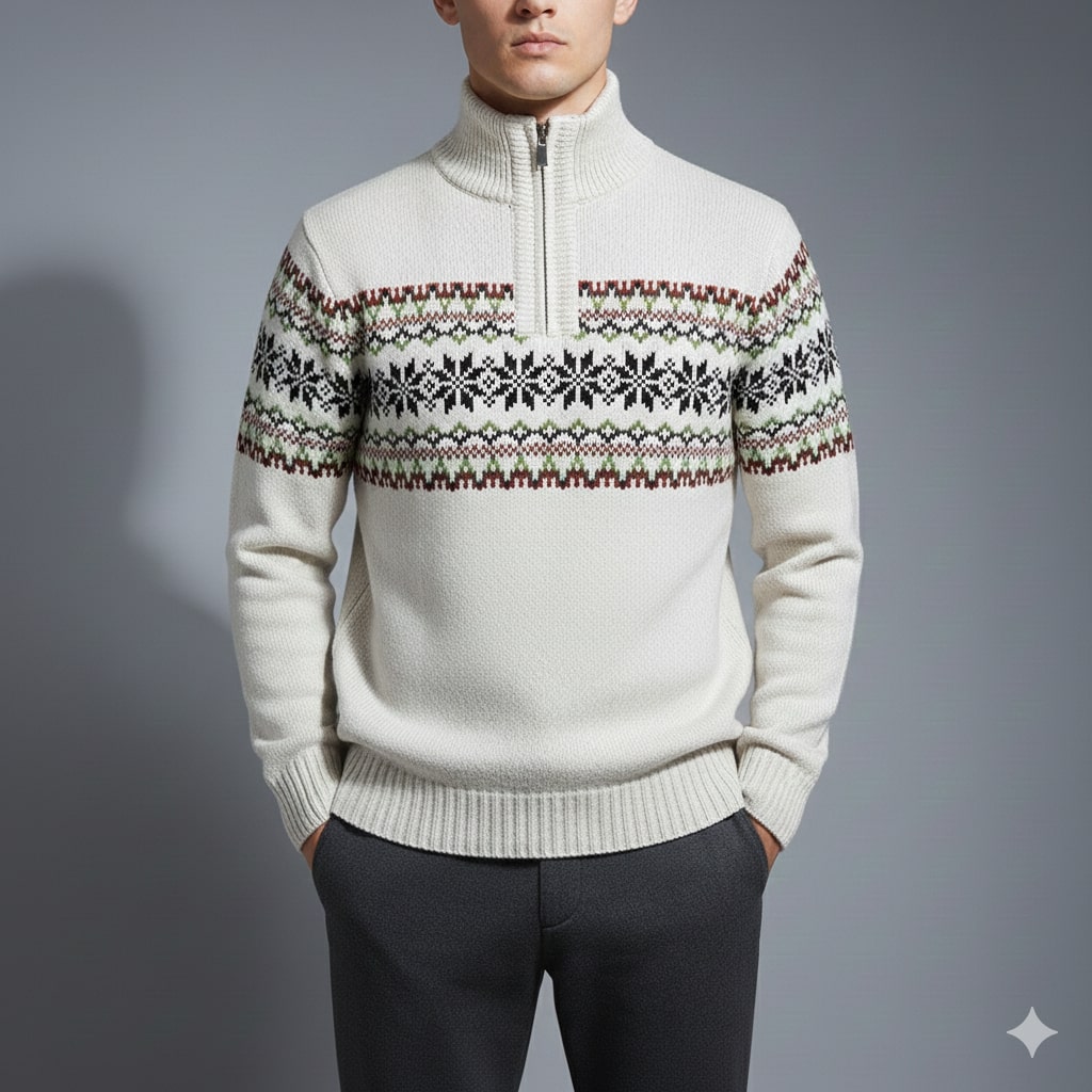 Cris Men's Christmas Sweater – Wool Knit Quarter-Zip Sweater
