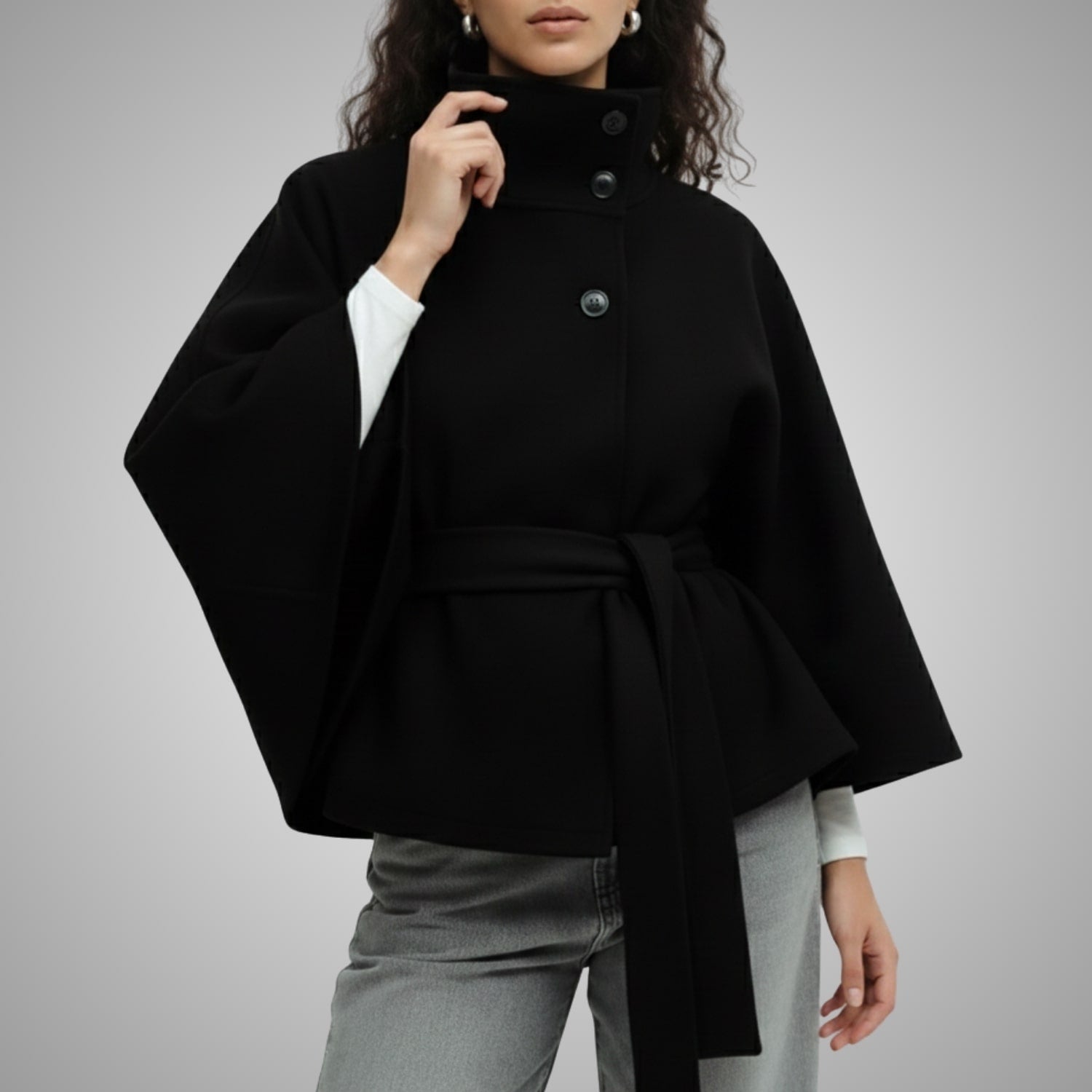 Sloane Women’s Lightweight Jacket – High Collar Coat with Flared Cape Sleeves Design