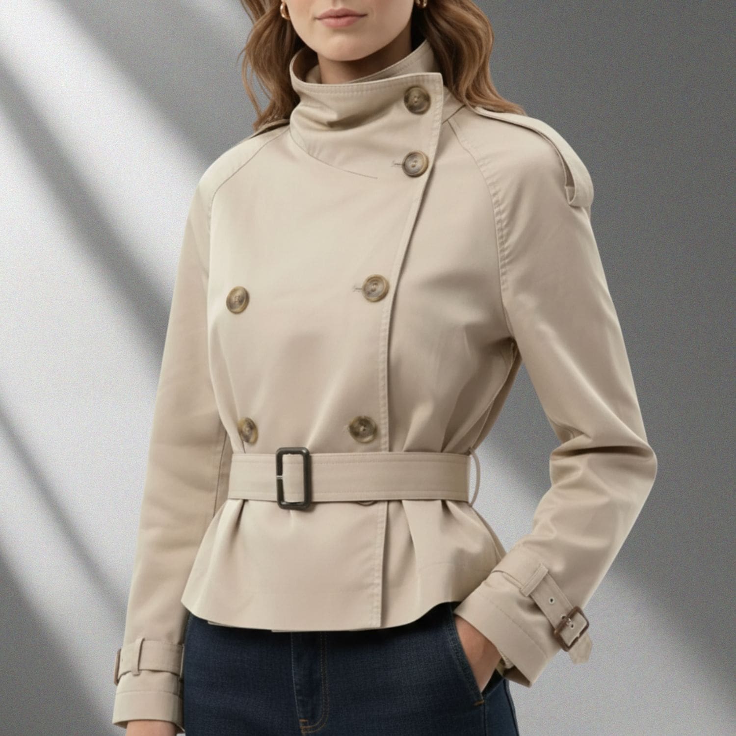 Nina Women’s Trench Coat – High-Neck Belted Cotton Cropped Jacket