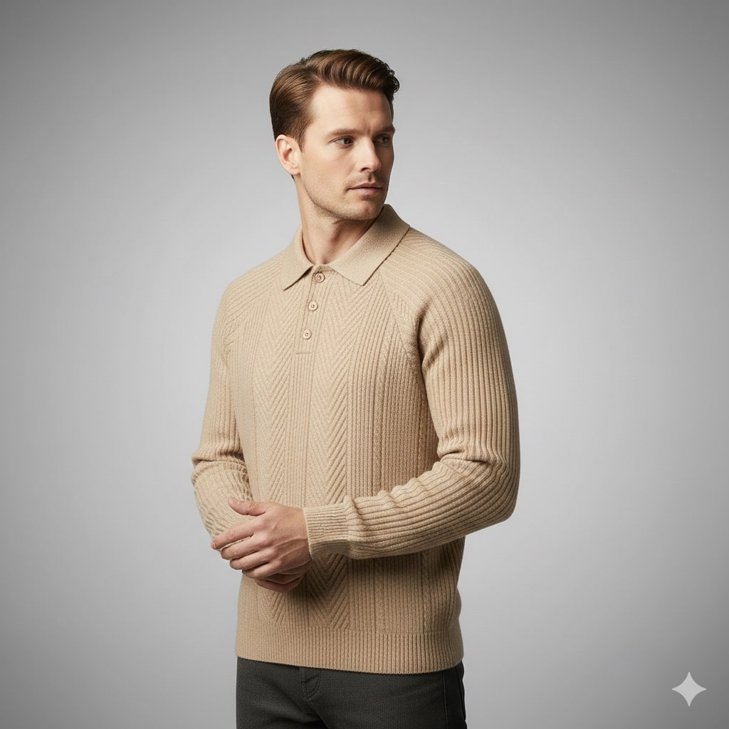 Franco Men’s Knit Polo Sweater – Herringbone Textured Pullover