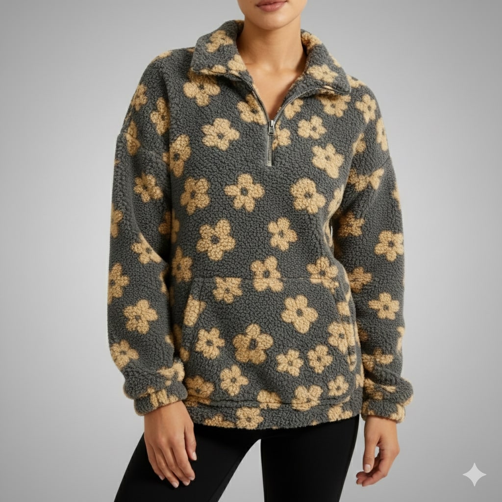 Eliza Women's Fleece Pullover – Floral Soft Half-Zip Oversized Winter Pullover