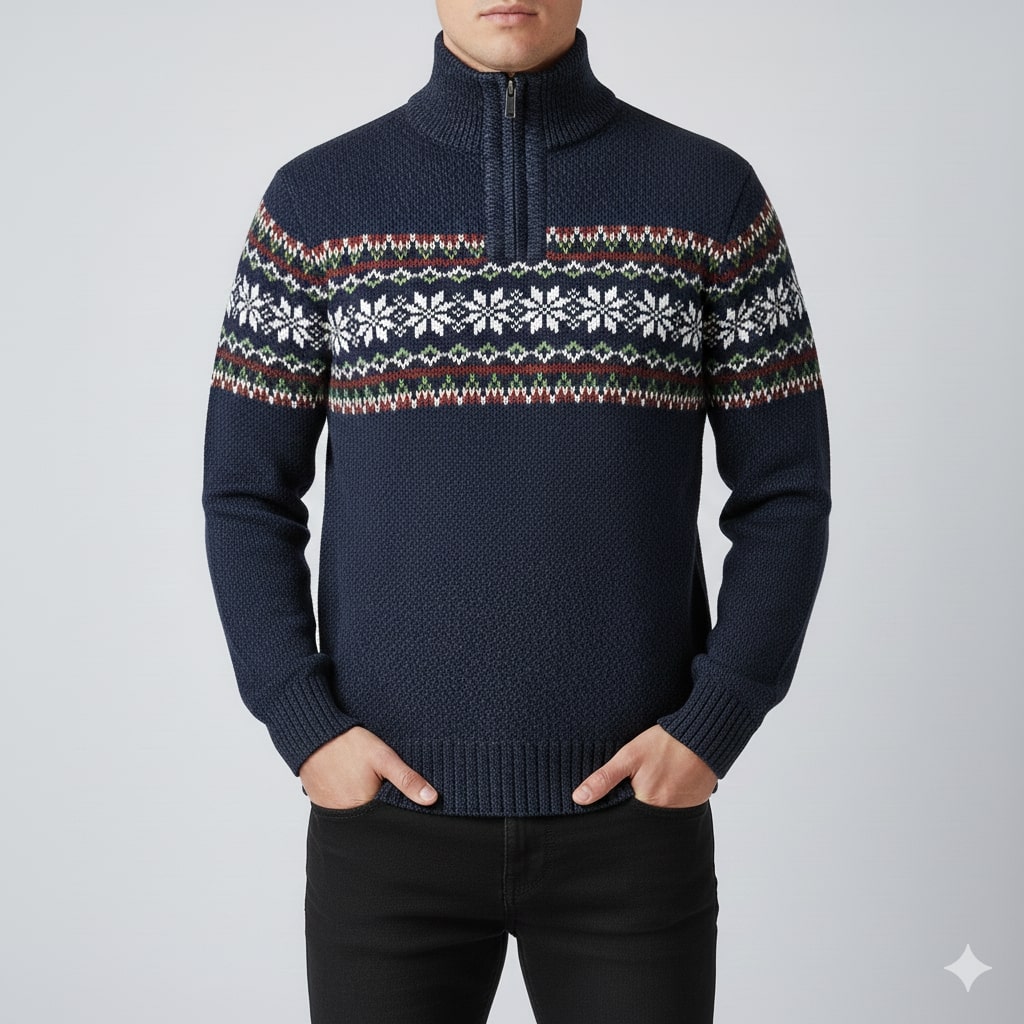 Cris Men's Christmas Sweater – Wool Knit Quarter-Zip Sweater
