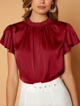 Camille Gathered Neck Blouse – Elegant Puff Sleeve Top in Soft Satin Drape