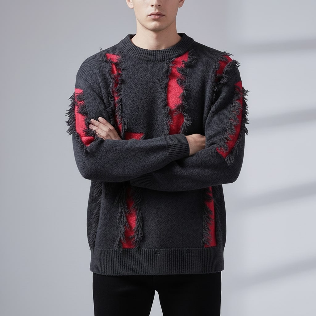 Aiden Distressed Men’s Sweater – Textured Knit Pullover with Edgy Frayed Detailing
