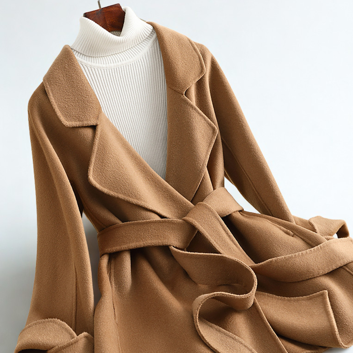 Emilia Women’s Wool Blend Coat – Wide Lapel Collar with Belted Silhouette