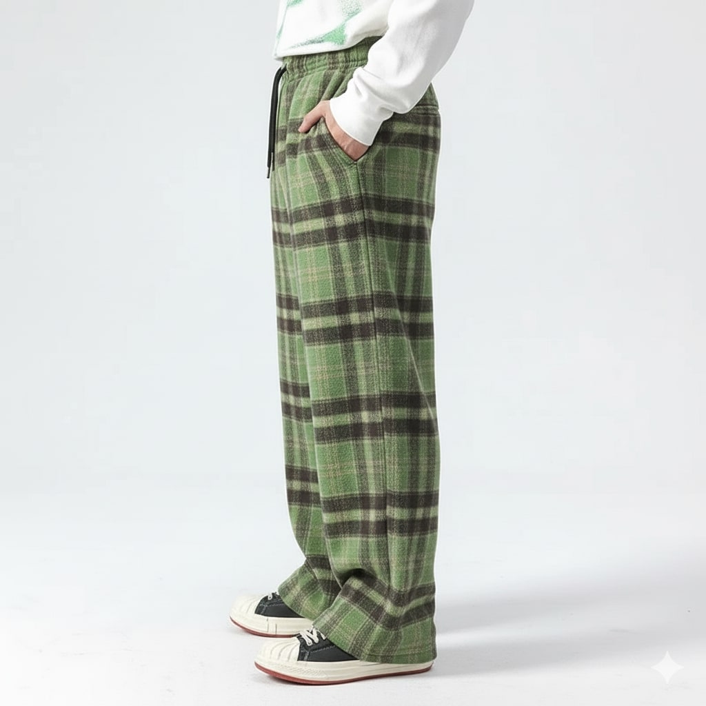 Montari Men’s Sweatpants – Plaid Soft Brushed Cotton Wide-Leg Trousers