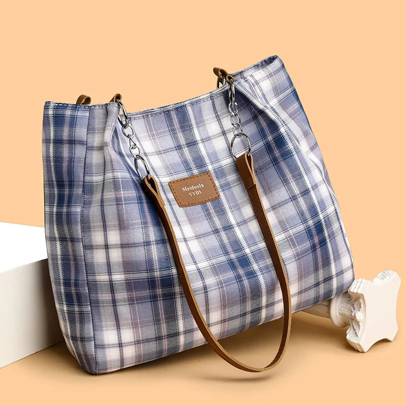 Eleanor Plaid Shoulder Tote Bag – Structured Canvas Carryall with Zip Closure