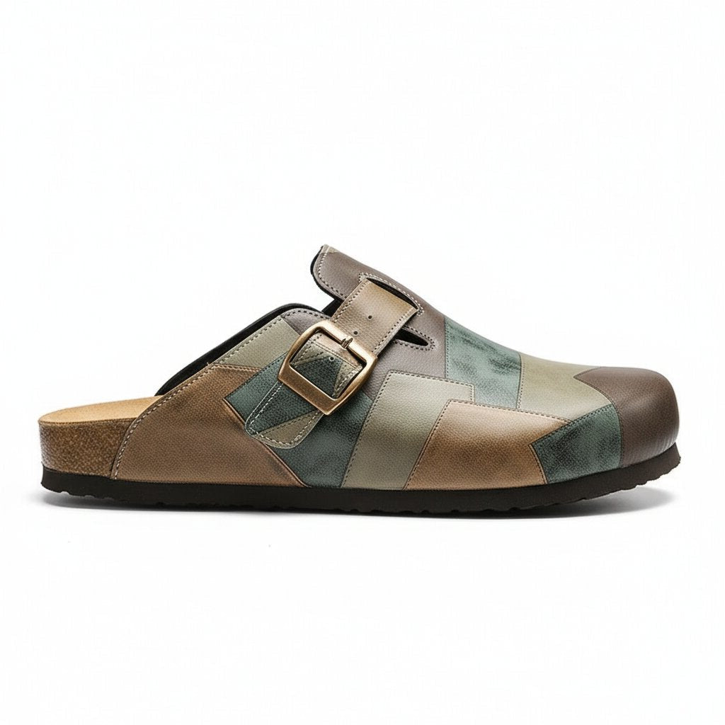 Gavin Genuine Leather Patchwork Clogs – Buckled Slip-On Casual Shoes