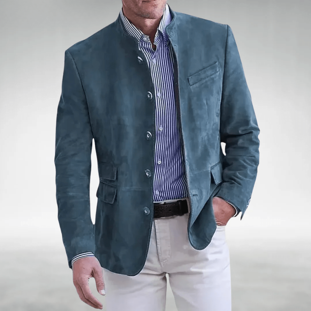 Griffin Men’s Blazer Jacket – Suede Texture with Mandarin Collar & Tailored Fit