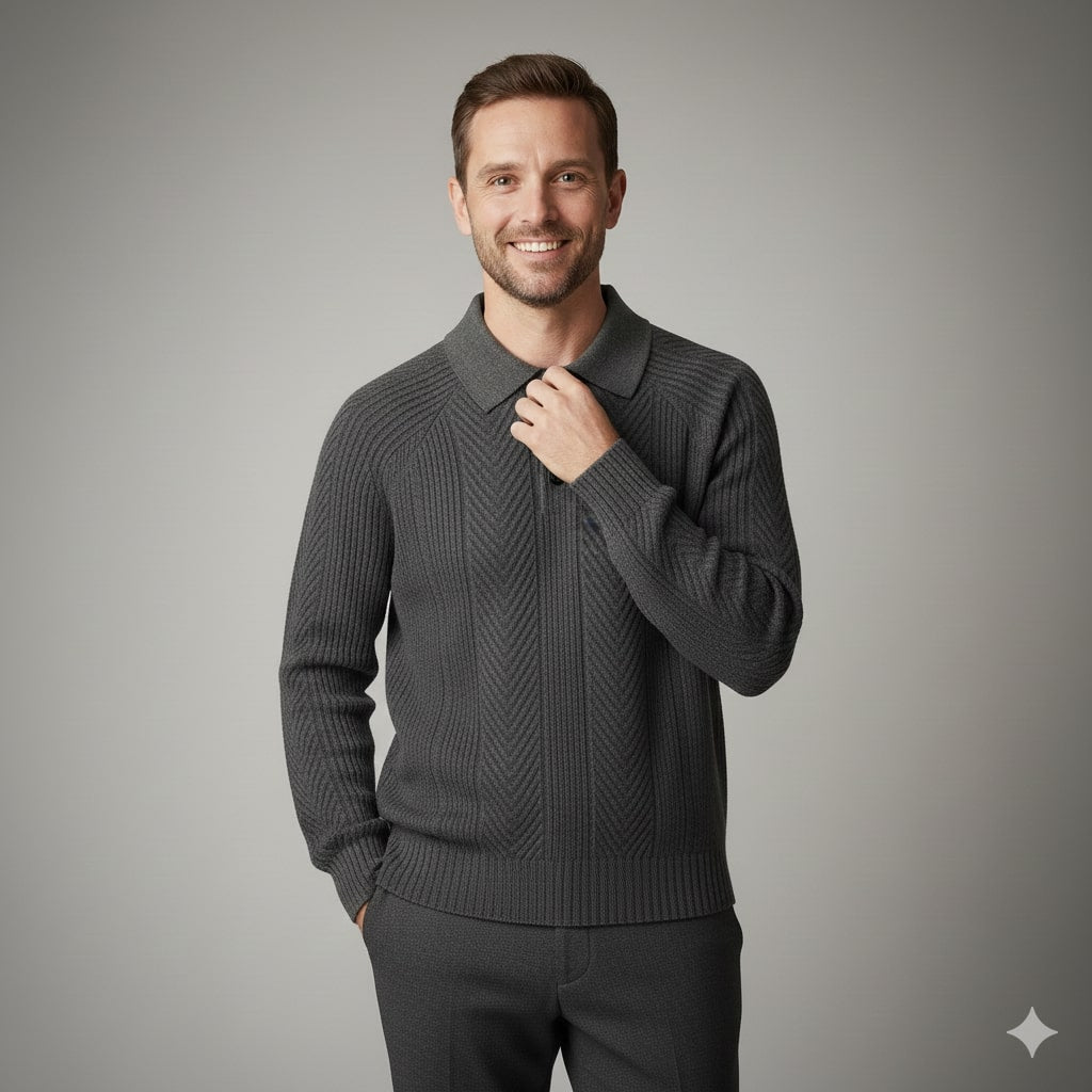 Franco Men’s Knit Polo Sweater – Herringbone Textured Pullover
