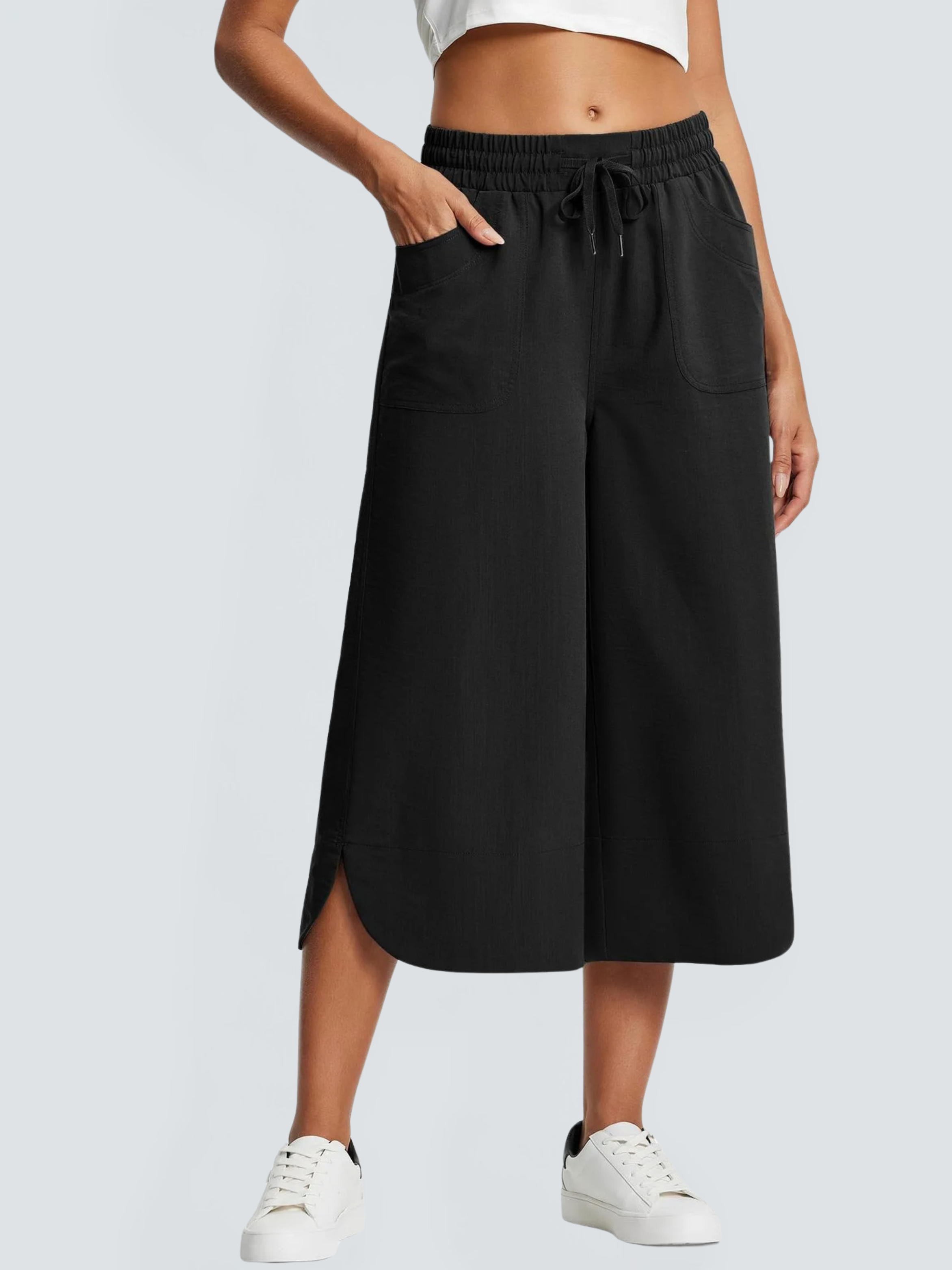 Milan Lightweight Cotton‑Blend Wide‑Leg Capri – Mid‑Calf, Smooth Elastic Waistband