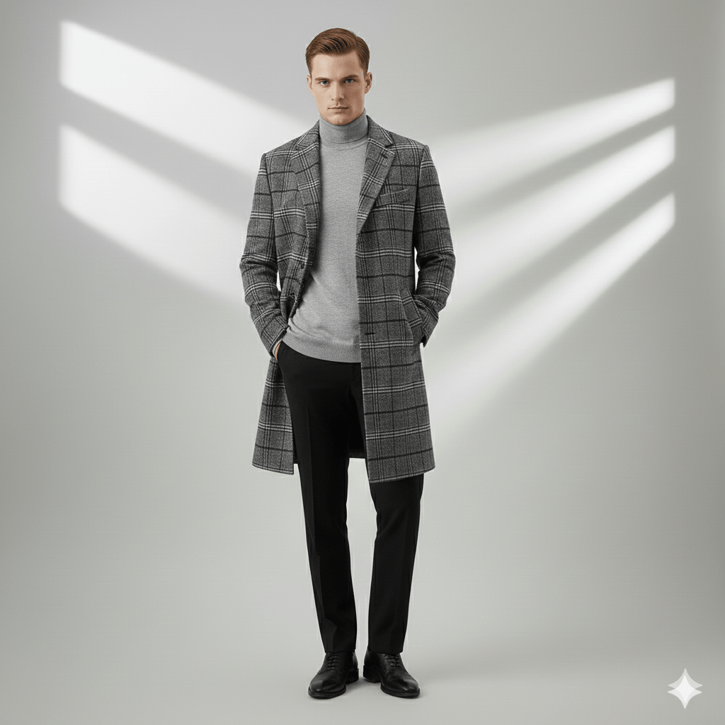 Aldric Men’s Wool Coat – Windowpane Overcoat with Structured Mid-Length Design