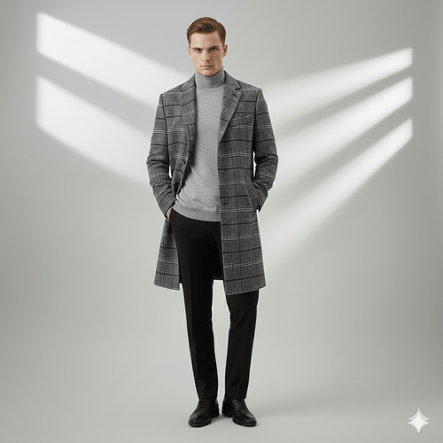 Aldric Men’s Wool Coat – Windowpane Mid-Length Overcoat