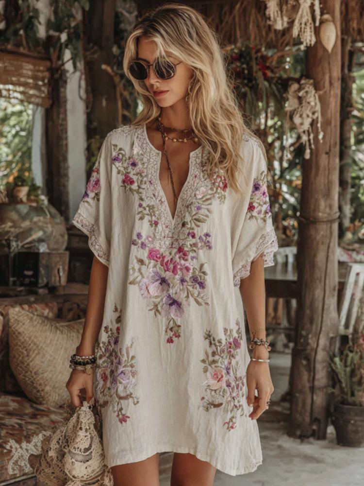 Zaira V-Neck Mini Dress – White A-Line with Floral Texture and Half Sleeves
