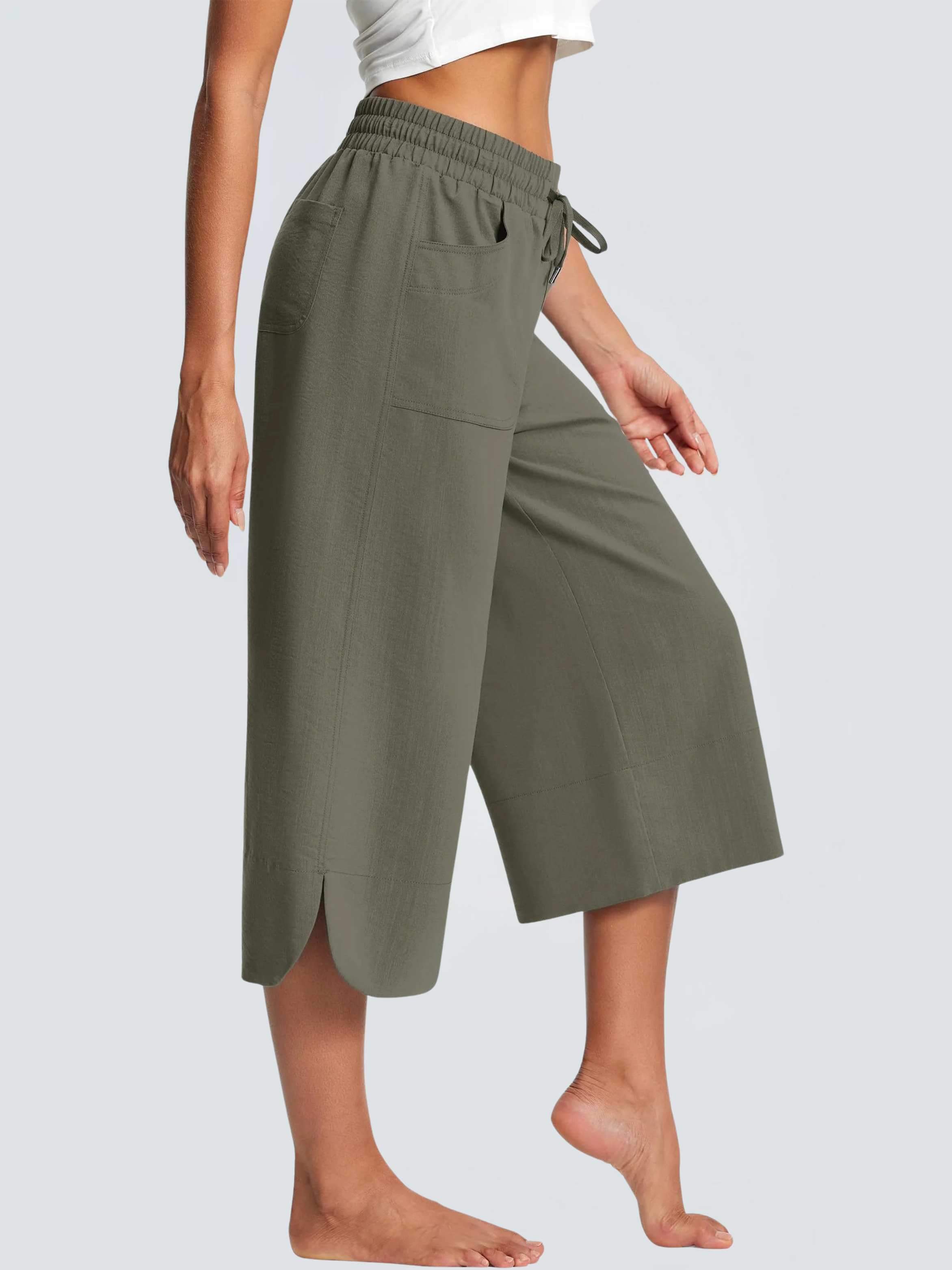 Milan Lightweight Cotton‑Blend Wide‑Leg Capri – Mid‑Calf, Smooth Elastic Waistband