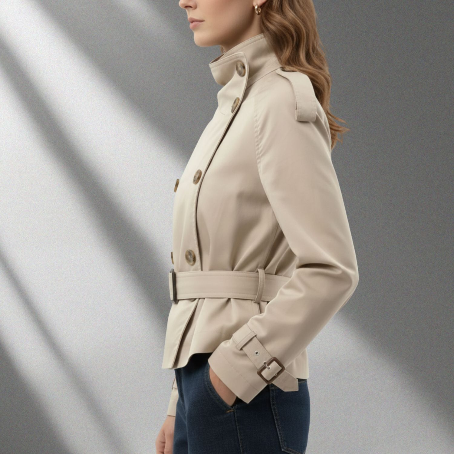 Nina Women’s Trench Coat – High-Neck Belted Cotton Cropped Jacket