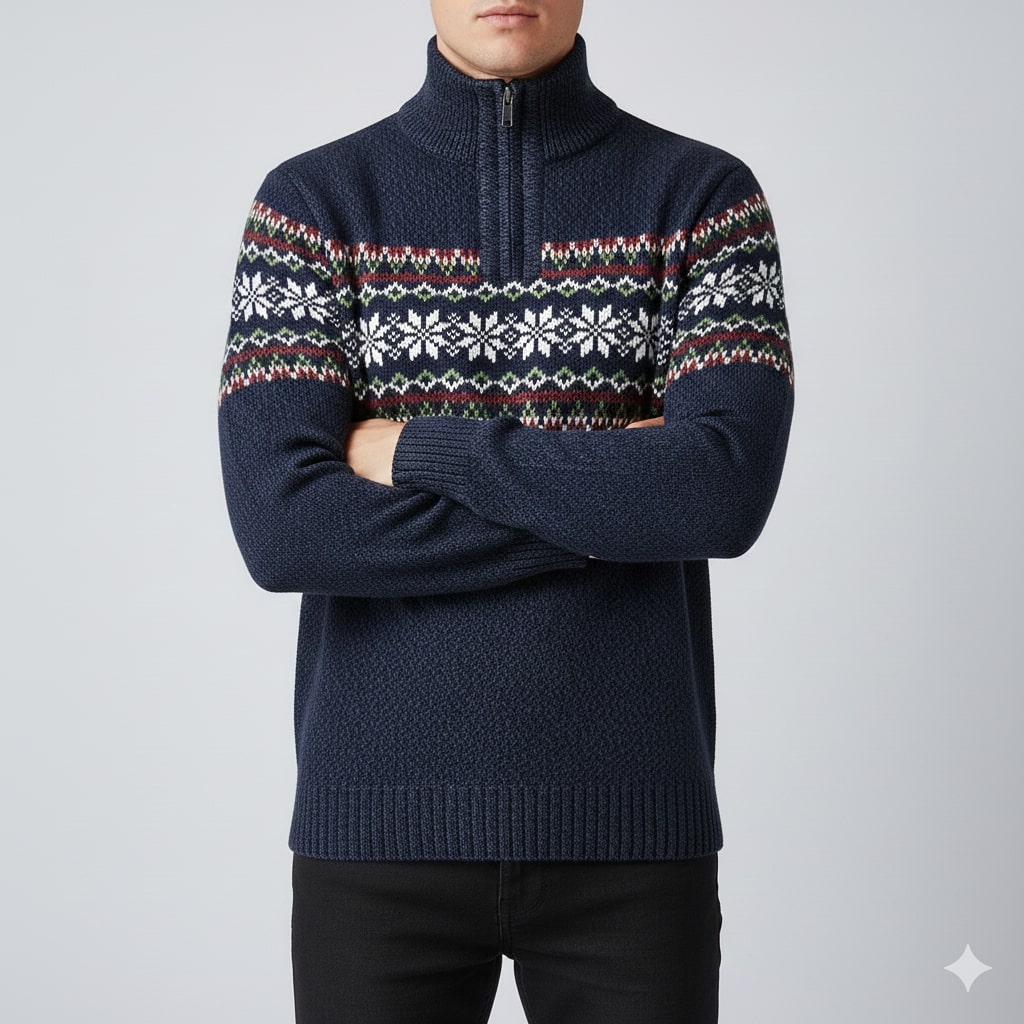 Cris Men's Christmas Sweater – Wool Knit Quarter-Zip Sweater