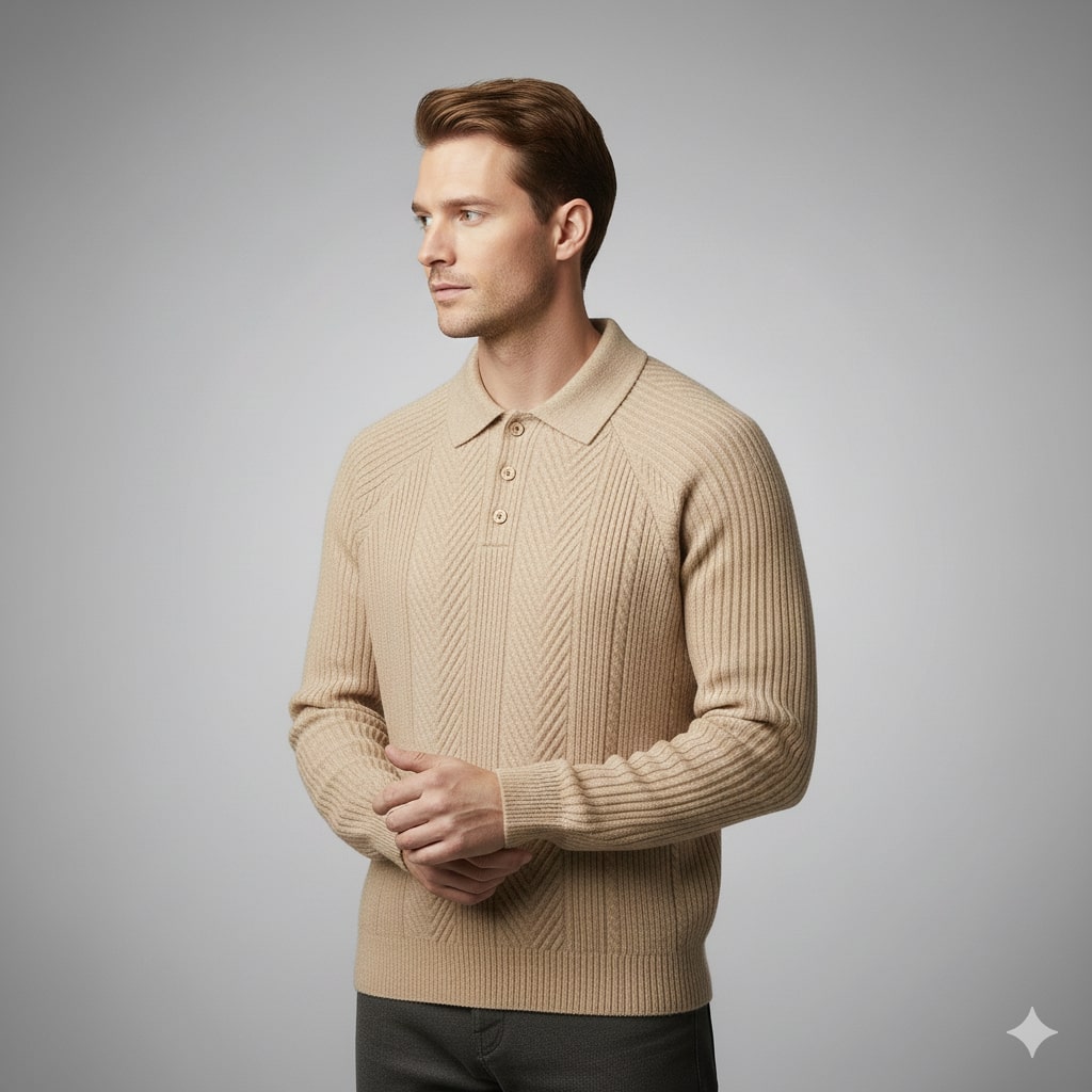 Franco Men’s Knit Polo Sweater – Herringbone Textured Pullover