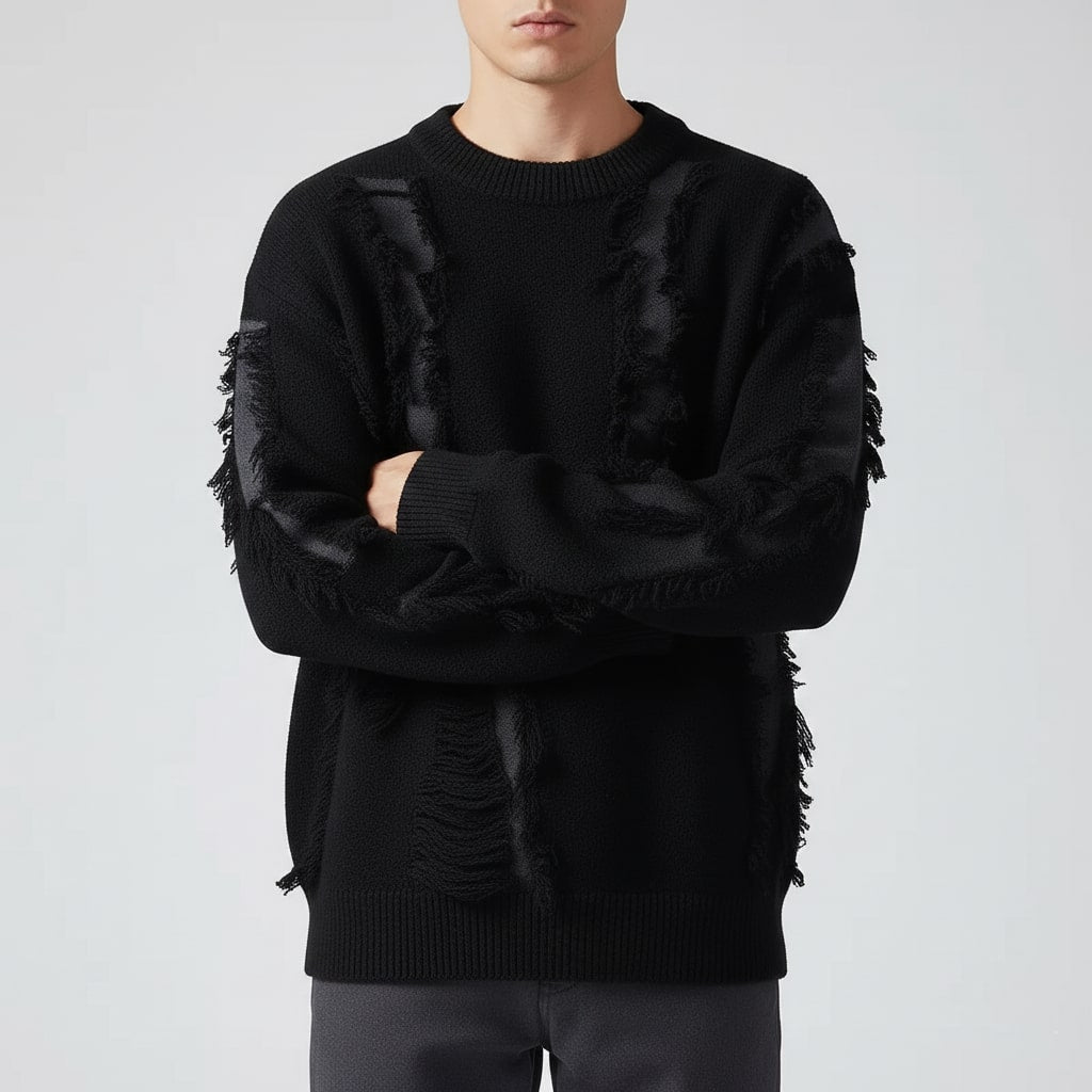 Aiden Distressed Men’s Sweater – Textured Knit Pullover with Edgy Frayed Detailing