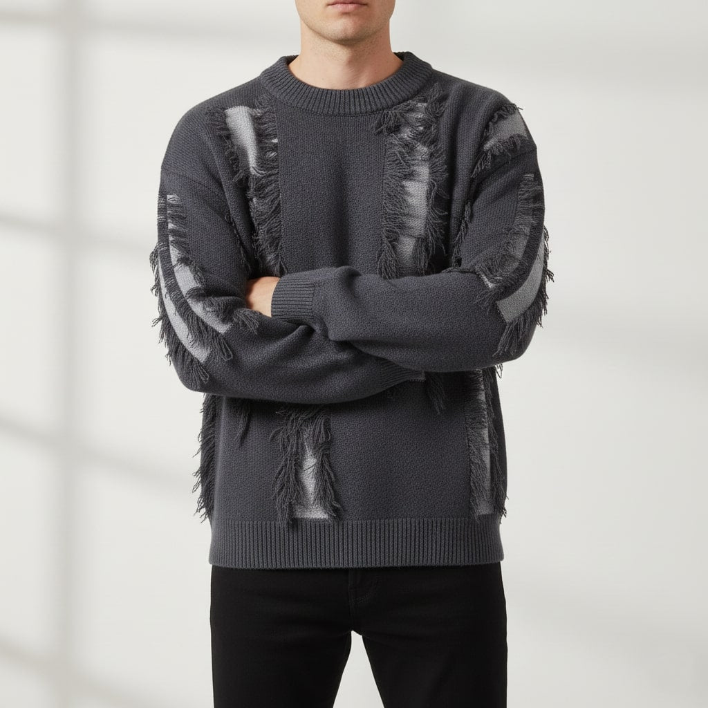 Aiden Distressed Men’s Sweater – Textured Knit Pullover with Edgy Frayed Detailing