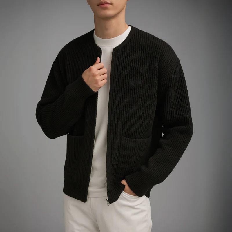 Zoren Men’s Knit Cardigan – Zip Up Sweater with Front Patch Pockets