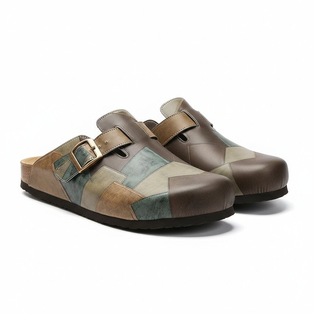 Gavin Genuine Leather Patchwork Clogs – Buckled Slip-On Casual Shoes