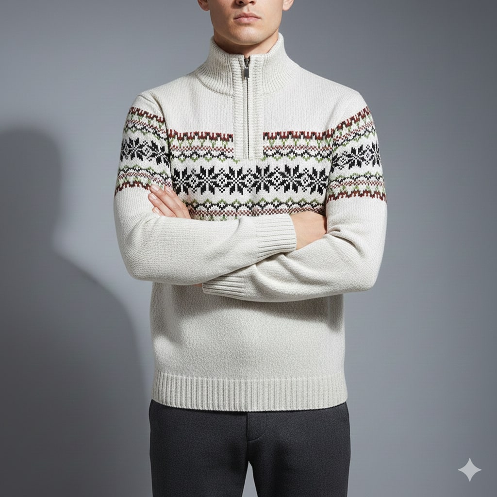 Cris Men's Christmas Sweater – Wool Knit Quarter-Zip Sweater