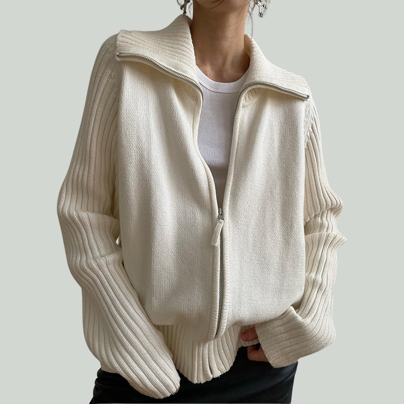 Rosalia Women’s Knit Cardigan – Zip-Through Sweater with Ribbed Collar