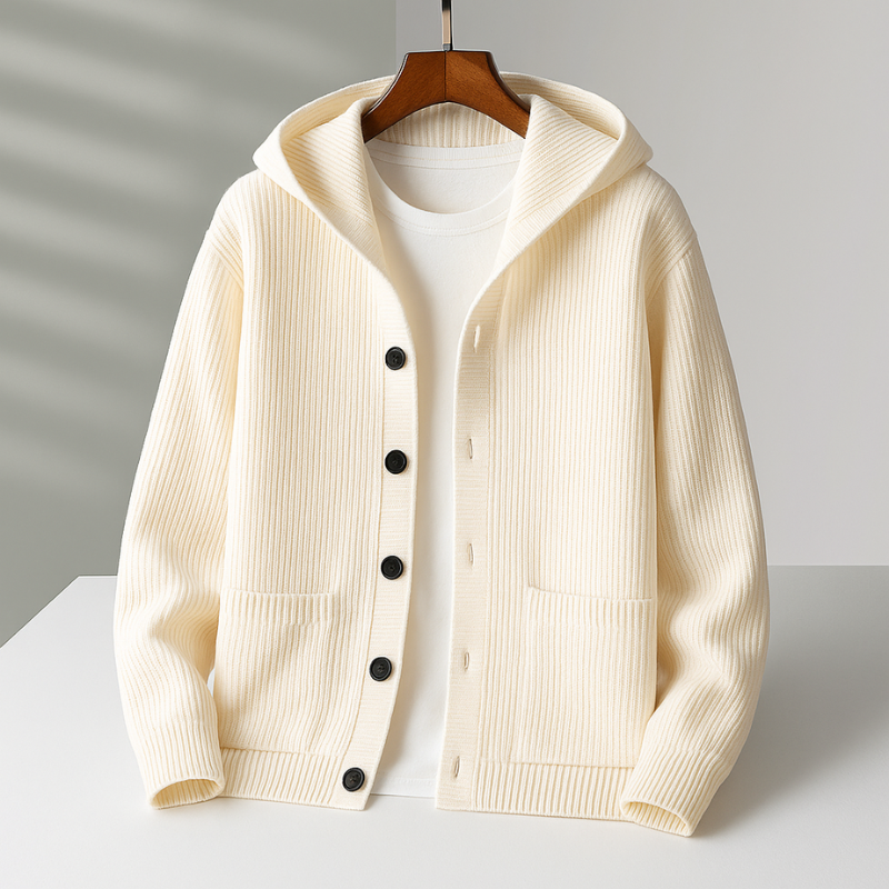 Jimmy Men’s Knit Cardigan Sweater – Wool Blend Button-Up with Hooded Design