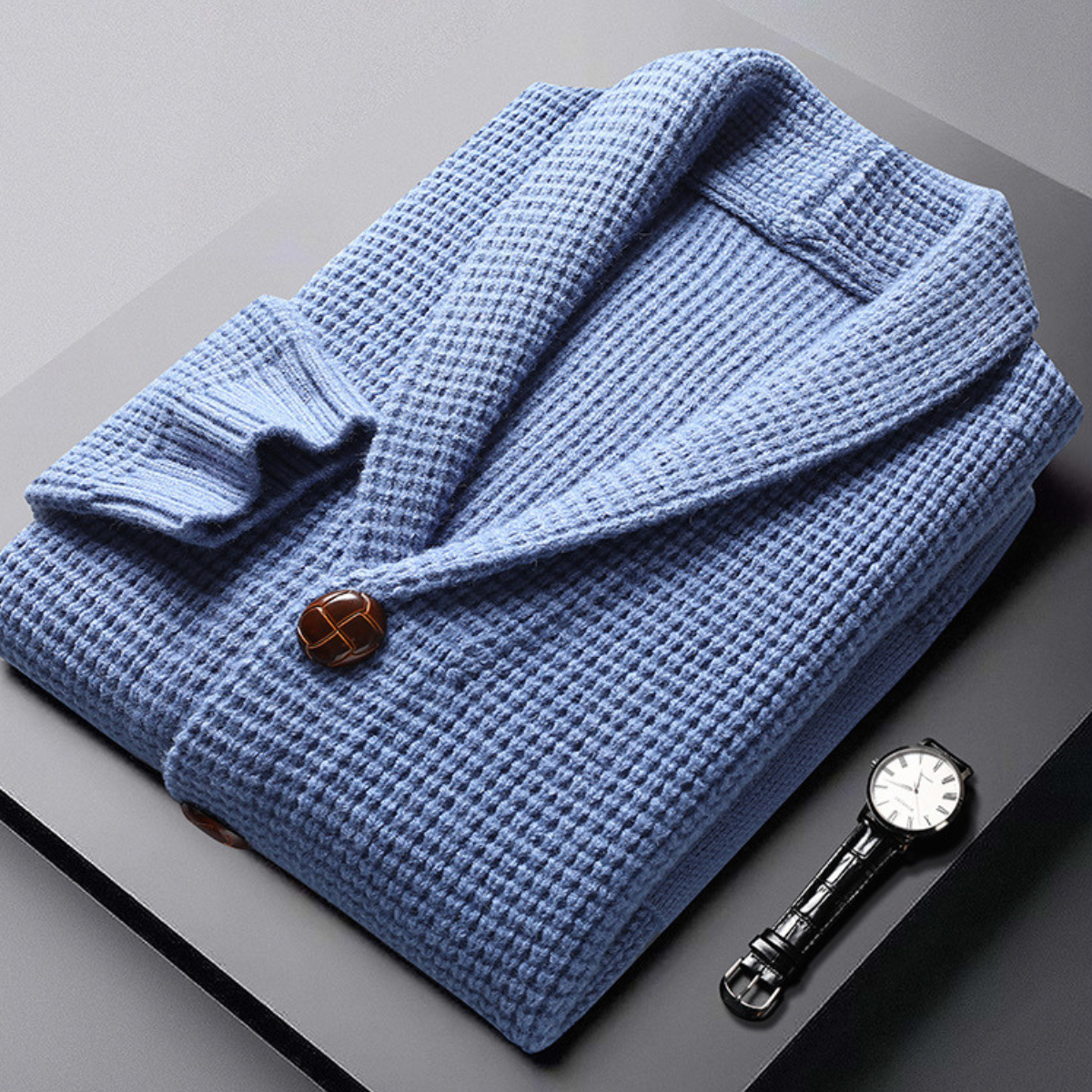 Maddox Men’s Knit Cardigan – Waffle Weave with Leather Button Detail