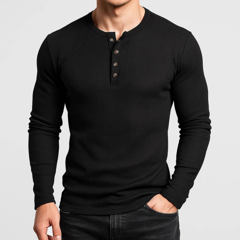 Ellias Men’s Textured Long Sleeve Pullover – Waffle Knit Henley Pullover