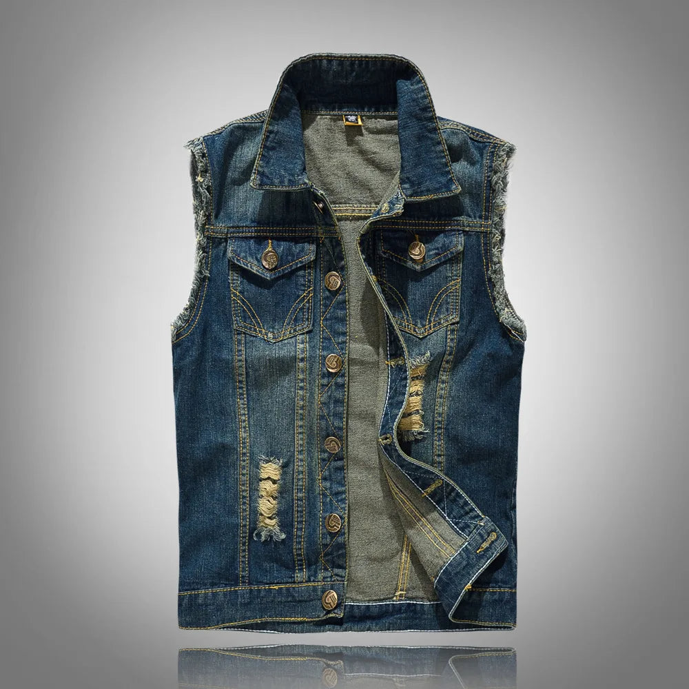 Luigi Distressed Denim Vest – Rugged Sleeveless Layer for Edgy Street Looks