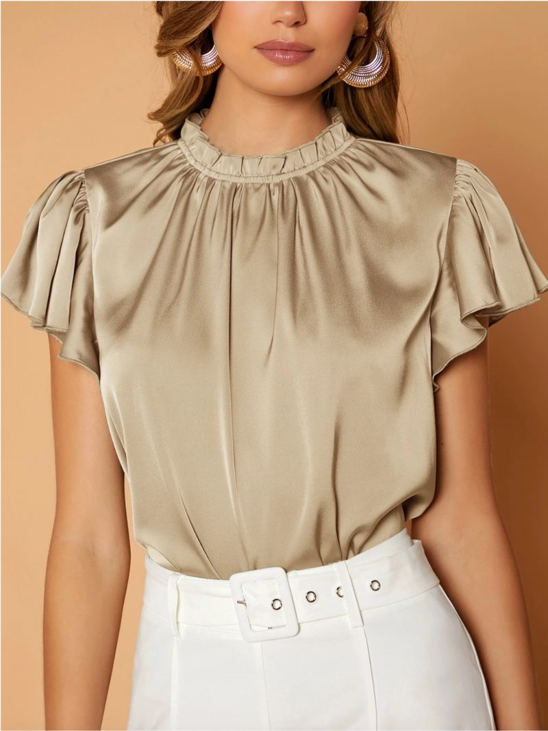 Camille Gathered Neck Blouse – Elegant Puff Sleeve Top in Soft Satin Drape