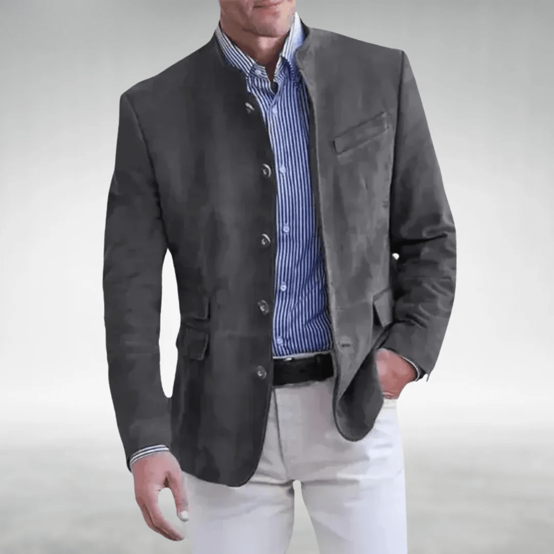 Griffin Men’s Blazer Jacket – Suede Texture with Mandarin Collar & Tailored Fit
