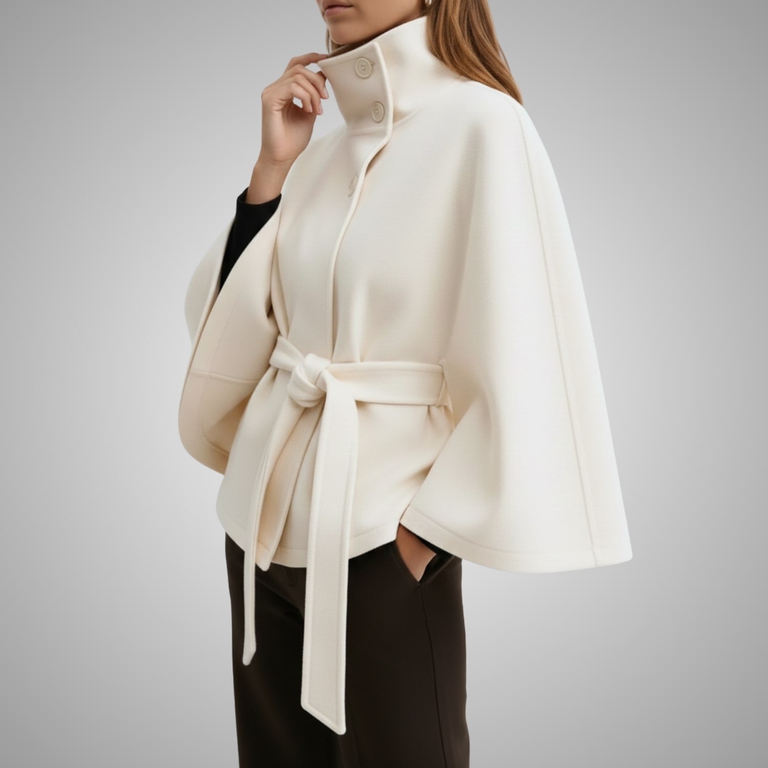 Sloane Women’s Lightweight Jacket – High Collar Coat with Flared Cape Sleeves Design