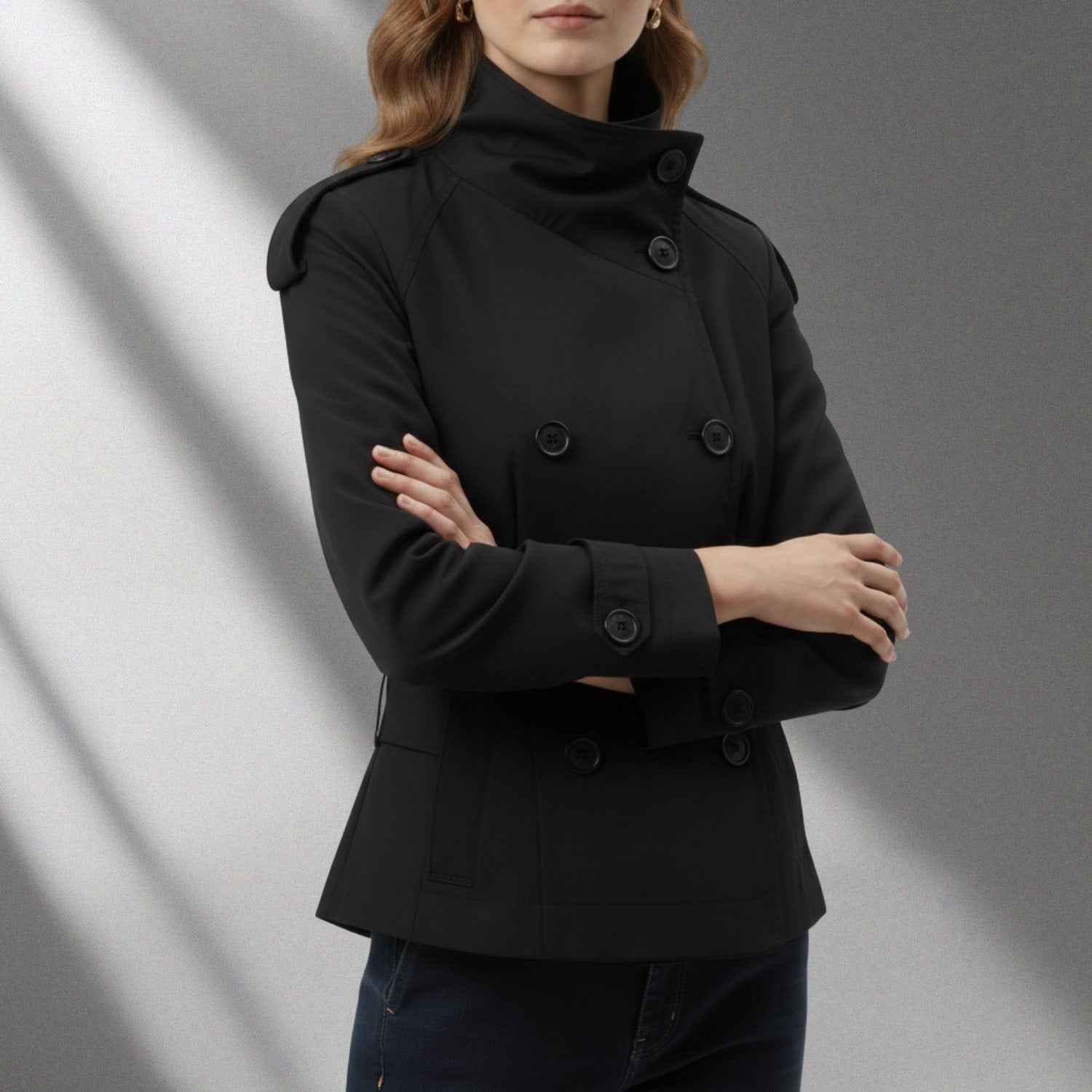 Nina Women’s Trench Coat – High-Neck Belted Cotton Cropped Jacket