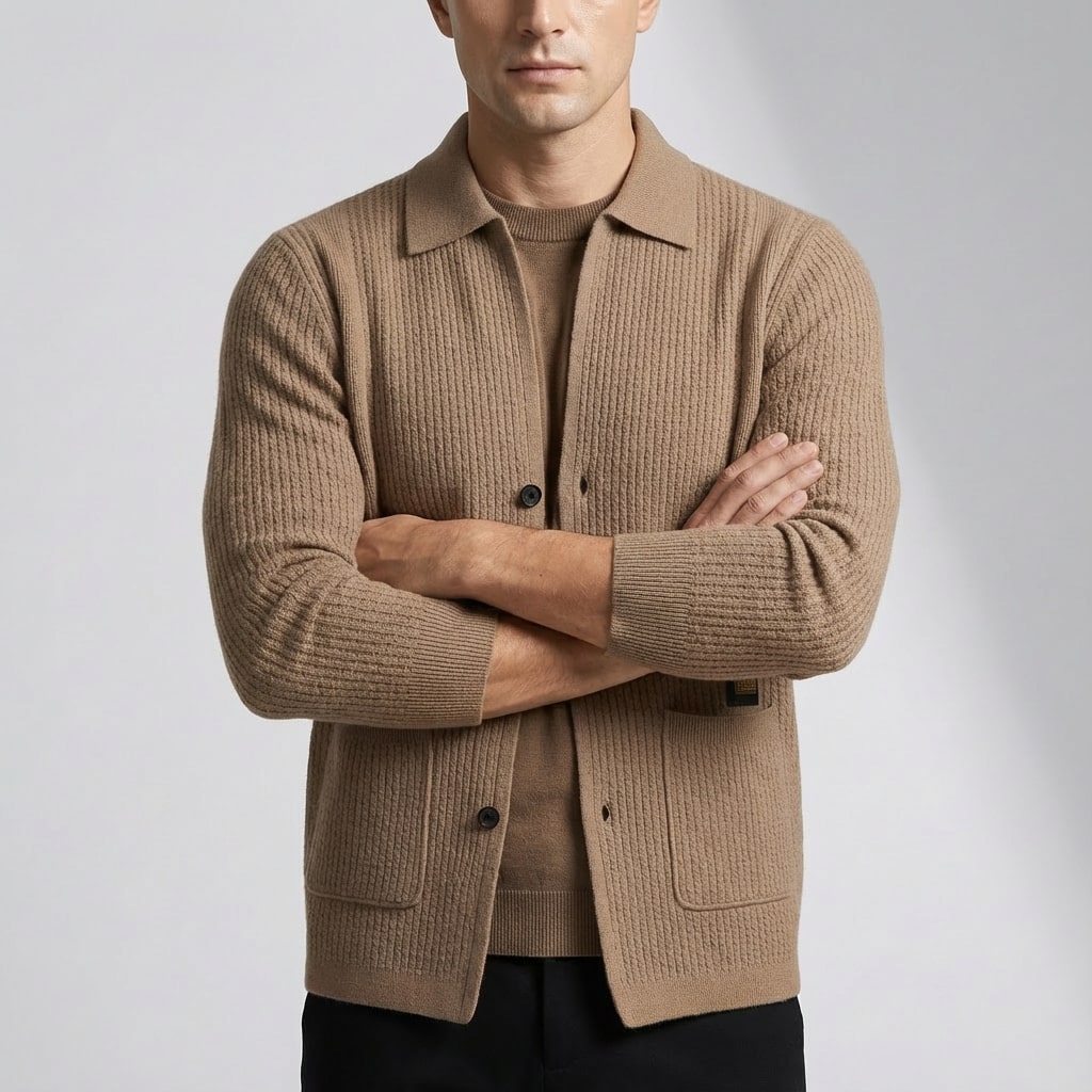 Matteo Men’s Cardigan – Textured Knit Shirt-Style Cardigan