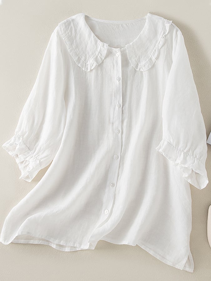 Adelina Ruffle Linen Shirt – Women’s Peter Pan Collar Cotton Blend Top
