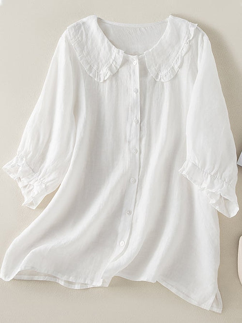 Adelina Ruffle Linen Shirt – Women’s Peter Pan Collar Cotton Blend Top