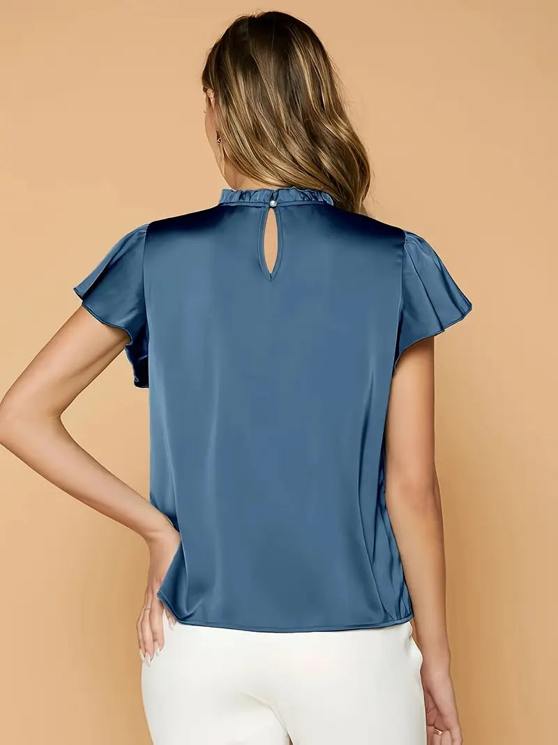 Camille Gathered Neck Blouse – Elegant Puff Sleeve Top in Soft Satin Drape