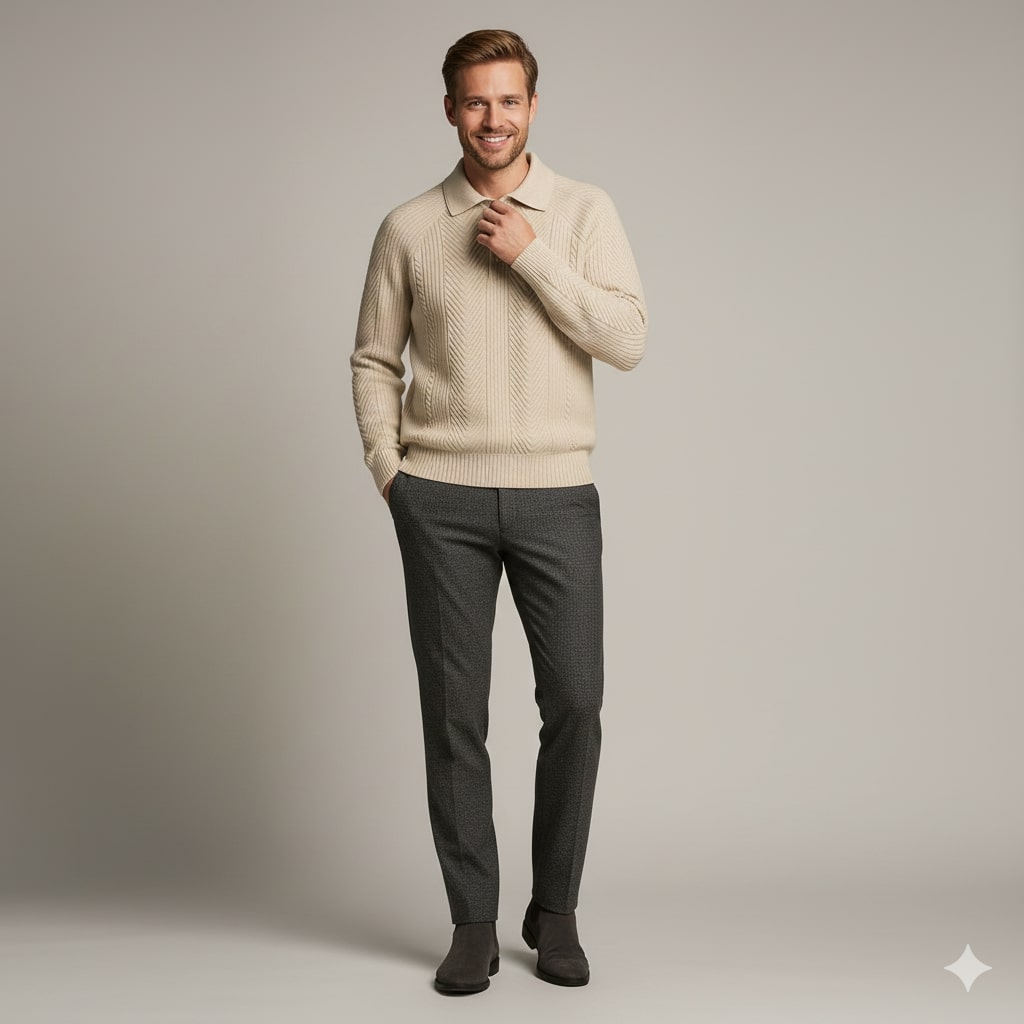 Franco Men’s Knit Polo Sweater – Herringbone Textured Pullover