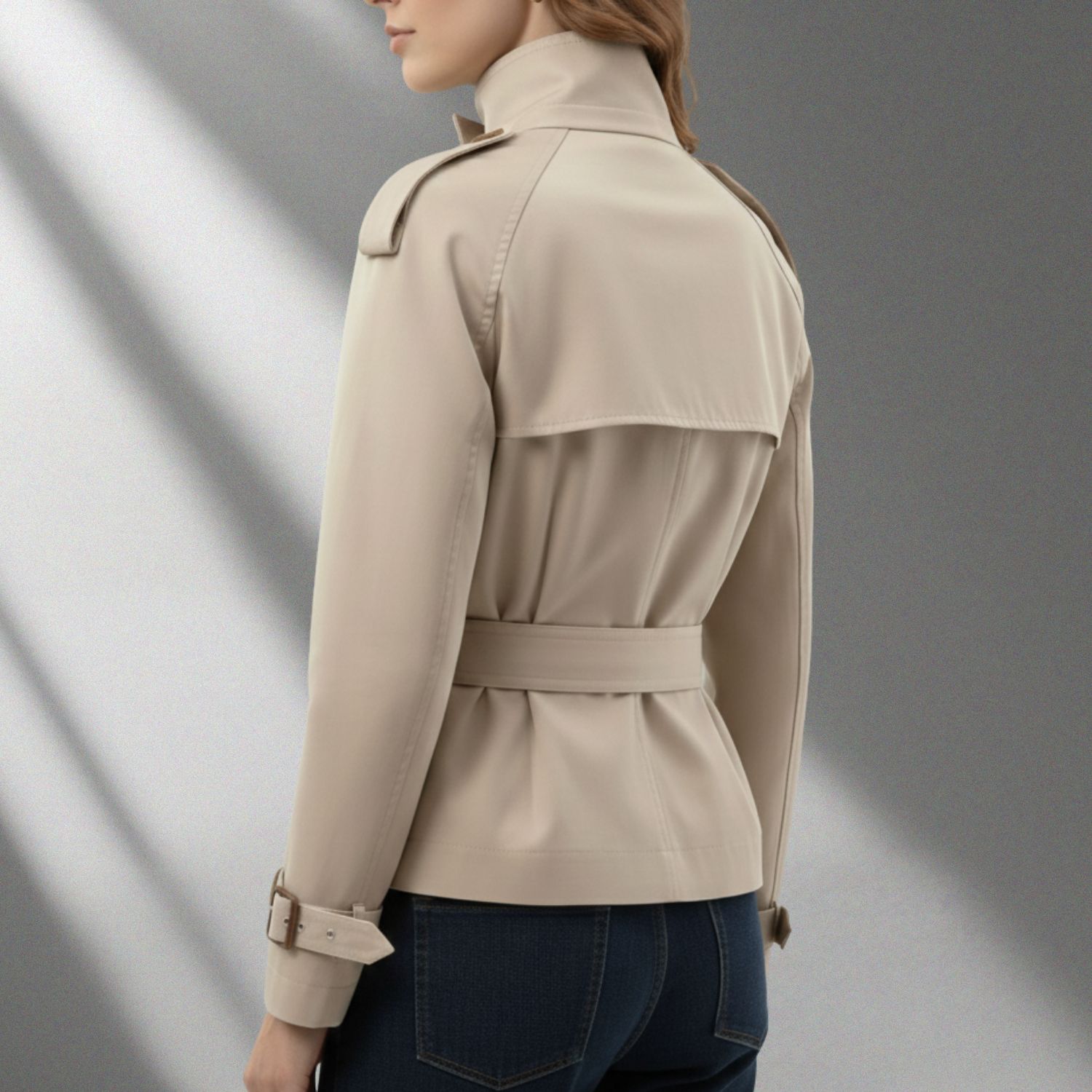 Nina Women’s Trench Coat – High-Neck Belted Cotton Cropped Jacket