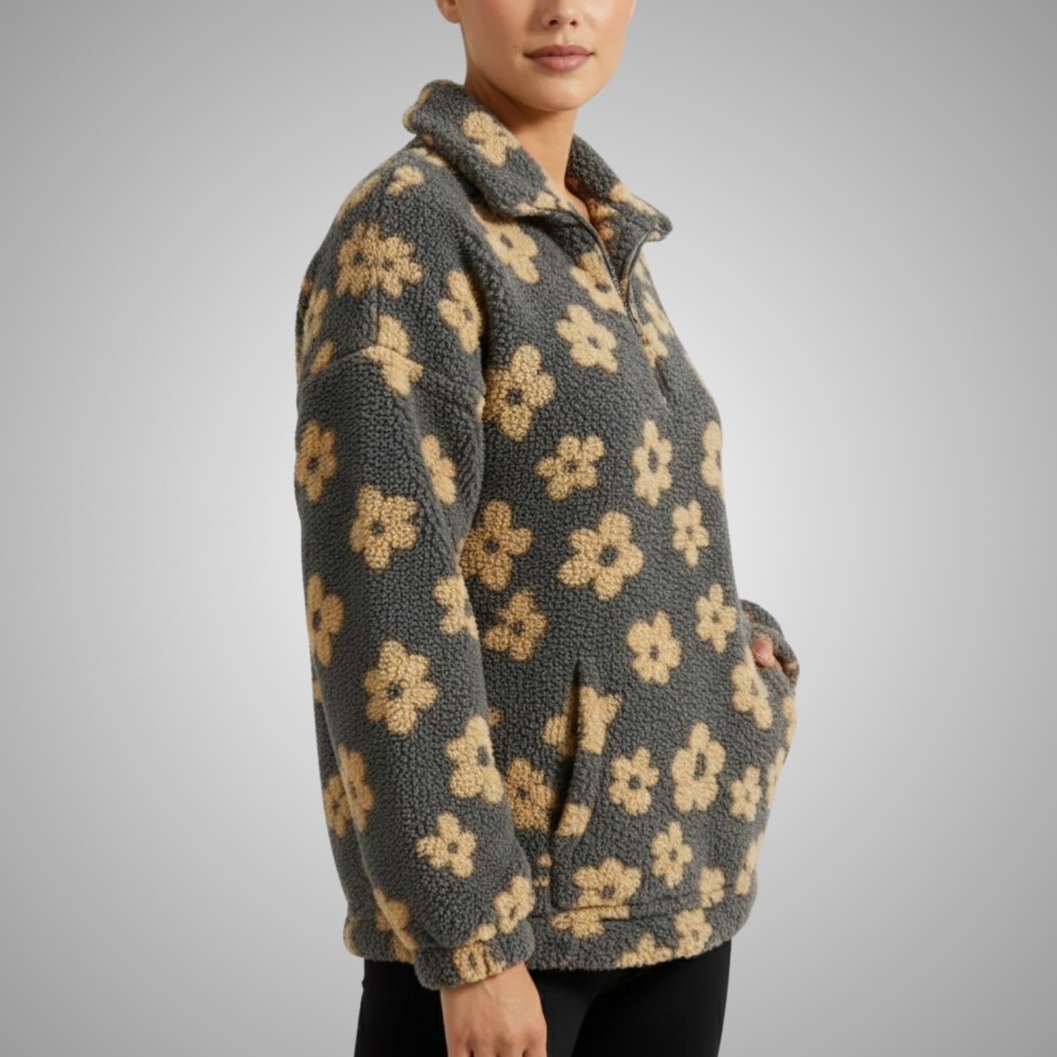 Eliza Women's Fleece Pullover – Floral Soft Half-Zip Oversized Winter Pullover